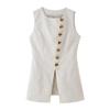 Kaslead New Arrival Women's Fashion Style Fashion round Neck Decorated Row Button Cotton Linen Vest Skirt