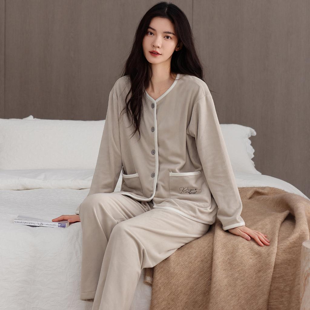 Pajamas Women'S Autumn And Winter Fleece Thickened Coral Fleece Can Be Worn Outside Island Fleece Loungewear Thin Fleece Set