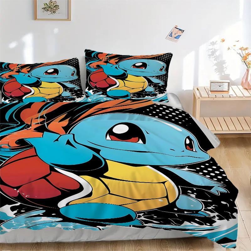 3pcs bedding set Pokemon Squirtle Includes 1 Comforter + 2 Pillowcases, Without Pillow Inserts, Soft Comfortable, Lightweight Breathable, Pr