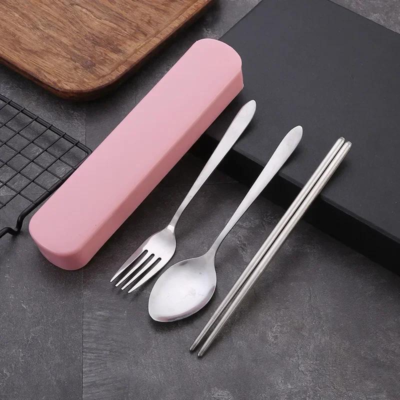 4Pcs/Set Travel Camping Cutlery Set Portable Tableware Stainless Steel Chopsticks Spoon Fork Steak Knife with Storage Case