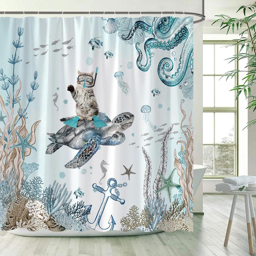 Funny Shower Curtains Cat Riding Shark Ocean Birds Sea Waves Cool Fun Bath Curtain Polyester Fabric Kids Bathroom Decor Sets