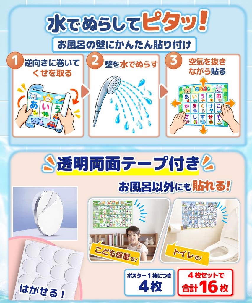 Alfa Life Bath Educational Posters, 4-Piece Set, Hiragana Katakana Alphabet Numbers, Made in Japan