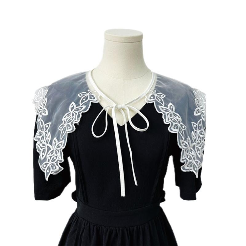 Women Girls Vintage Lolita False Fake Collar Shawl Sweet Ruffles Lace-Up Bow Decorative Necklace Choker Short Poncho