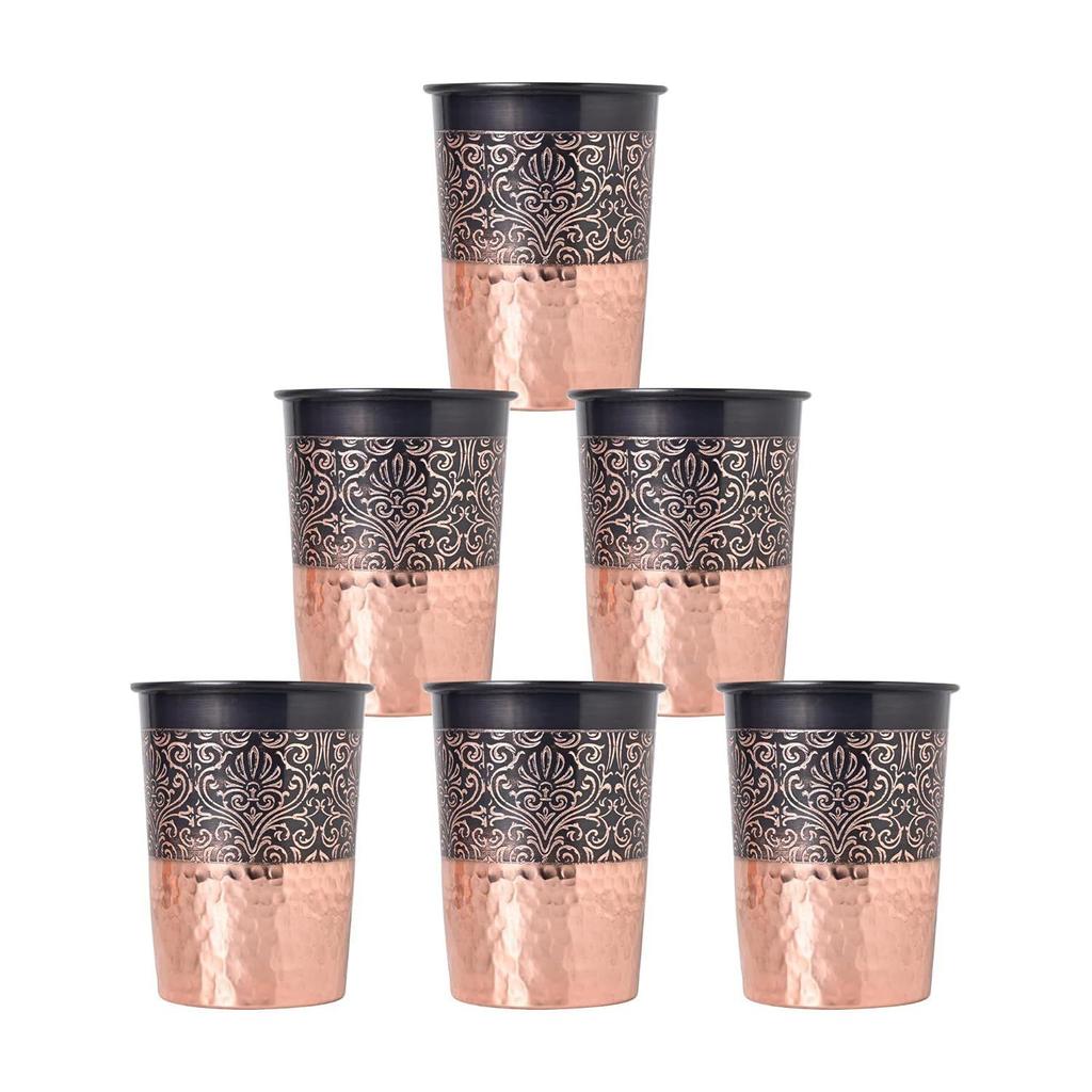 Copper Printed Design 250ML Water Glass with Rust Proof Protection for Home and Office Use Ayurveda and Yoga Health Benefits Glass Set of 6