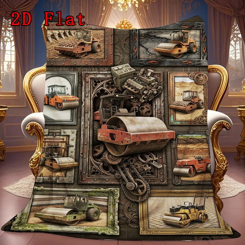 Construction Equipment Rug 2D Flat Pattern Flannel Blanket, High quality All Seasons, Home Decor, Warmth and Comfort, Perfect for Christmas Gifts.