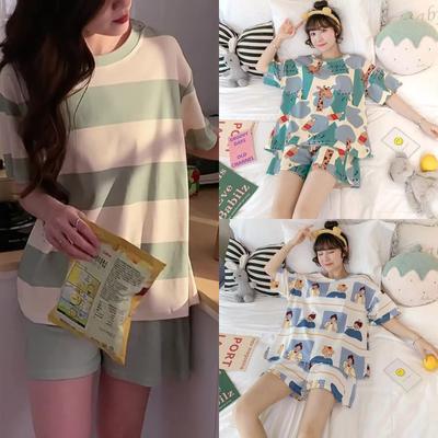 Комплект из двух предметов, комплект женской пижамы, летние шорты с короткими рукавами, тонкая часть маленькой свежей милой свободной удобной домашней одежды