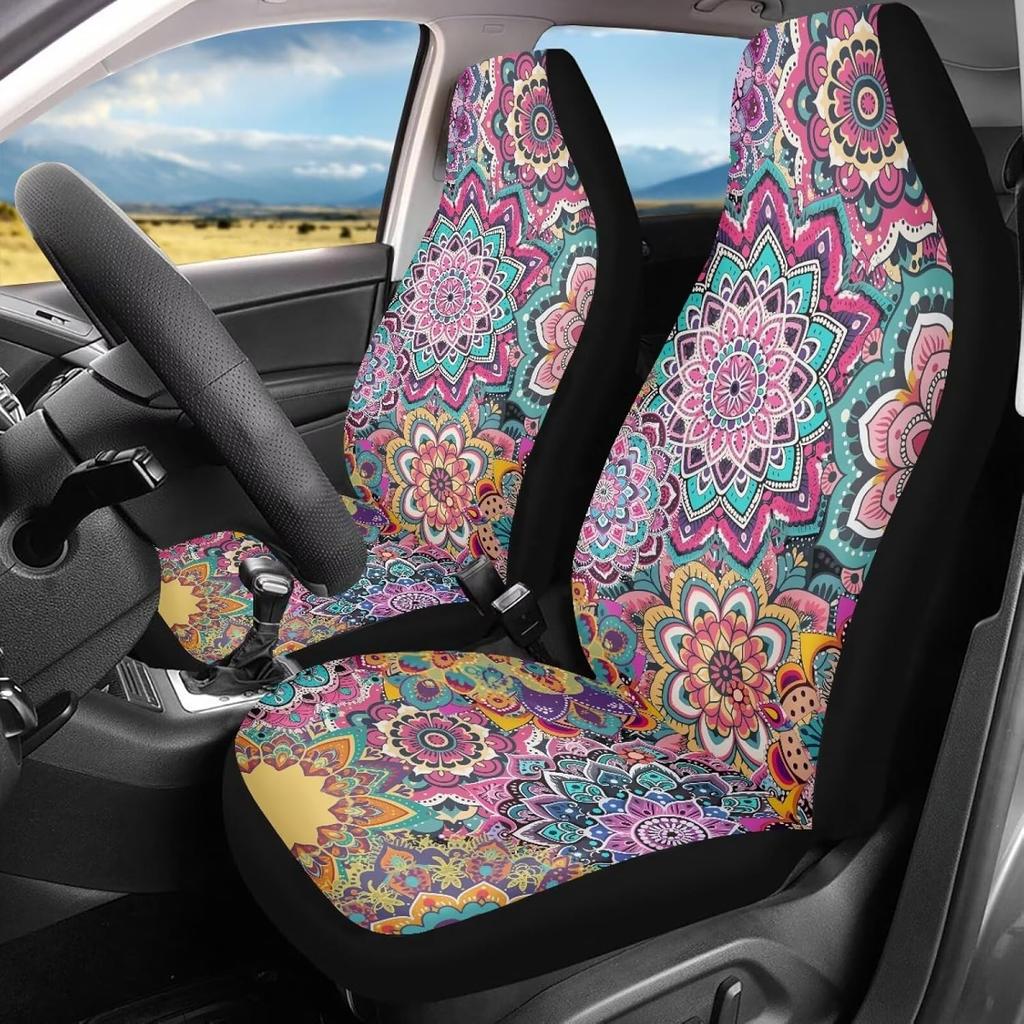Чехлы на сиденья автомобиля Bulopur Black Boho Цветочные, Только для передних сидений, для женщин и мужчин, с карманом-органайзером, для автомобилей, внедорожников, грузовиков, седанов