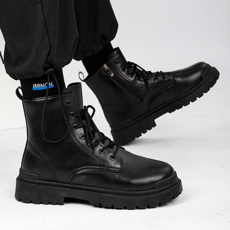 Мужские высокие ботинки, модные черные мотоциклетные ботинки, уличные ботинки на платформе, мужские кожаные ботинки со шнуровкой, толстая подошва Bota Masculina