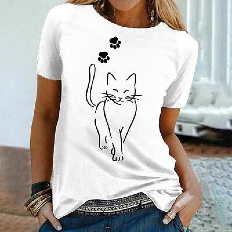 Women's T-shirt T-shirt Black and White Yellow Cat Print Short Sleeved Casual Weekend Basic Round Neck Regular Fit Cat Painting