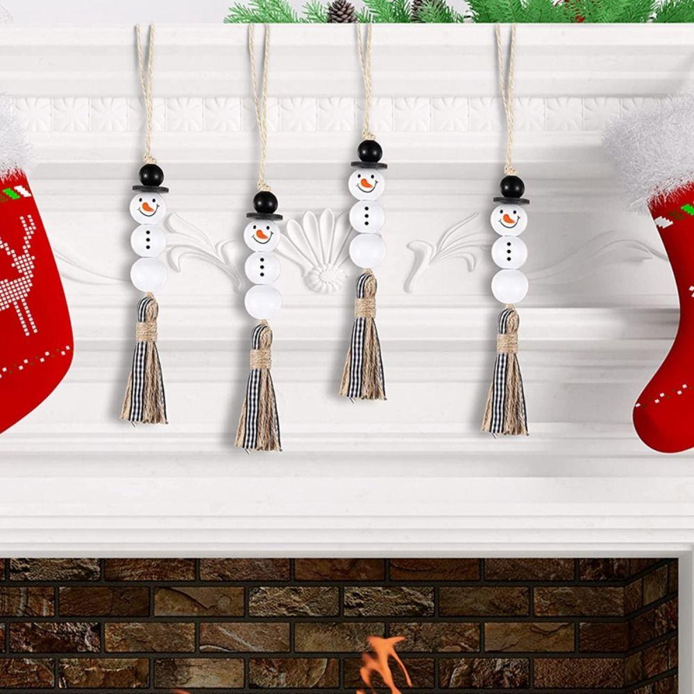 White Hanging Bead Tassel Wood Xmas Tree Pendant Ornaments Christmas Snowman Wooden Bead DIY