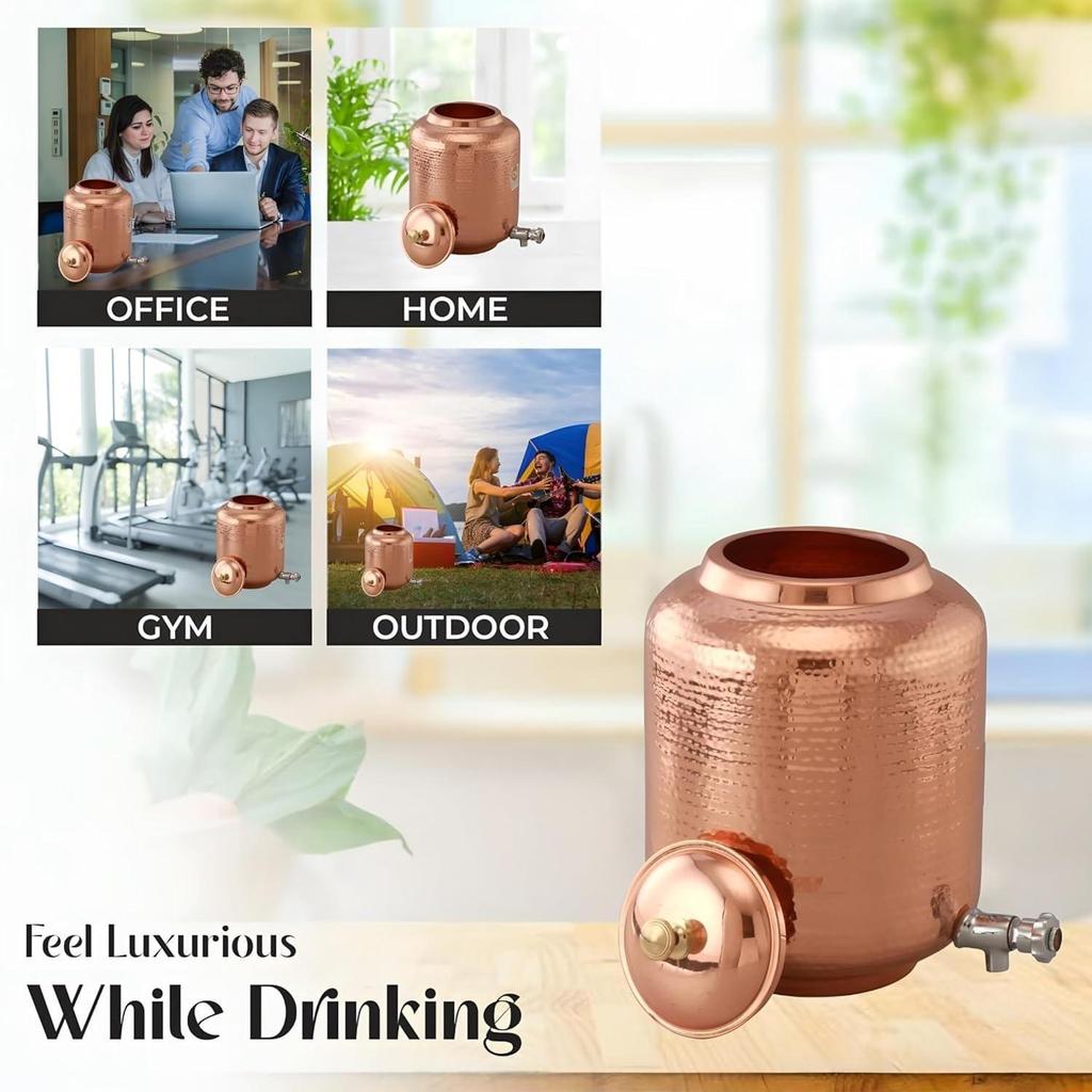14 Litre Hammered Copper Water Dispenser (Matka) Container Pot with 6 Copper Glasse Pure Copper and Ayurvedic Health Benefits