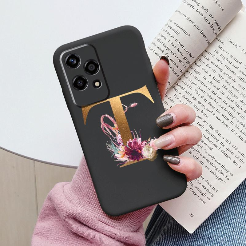 Золотой Чехол-Буквы Для Honor 200 Pro Lite Умный Черный Чехол Мягкая Крышка Для Honor 200Lite Защитный Ударопрочный Funda Розовый Цветок