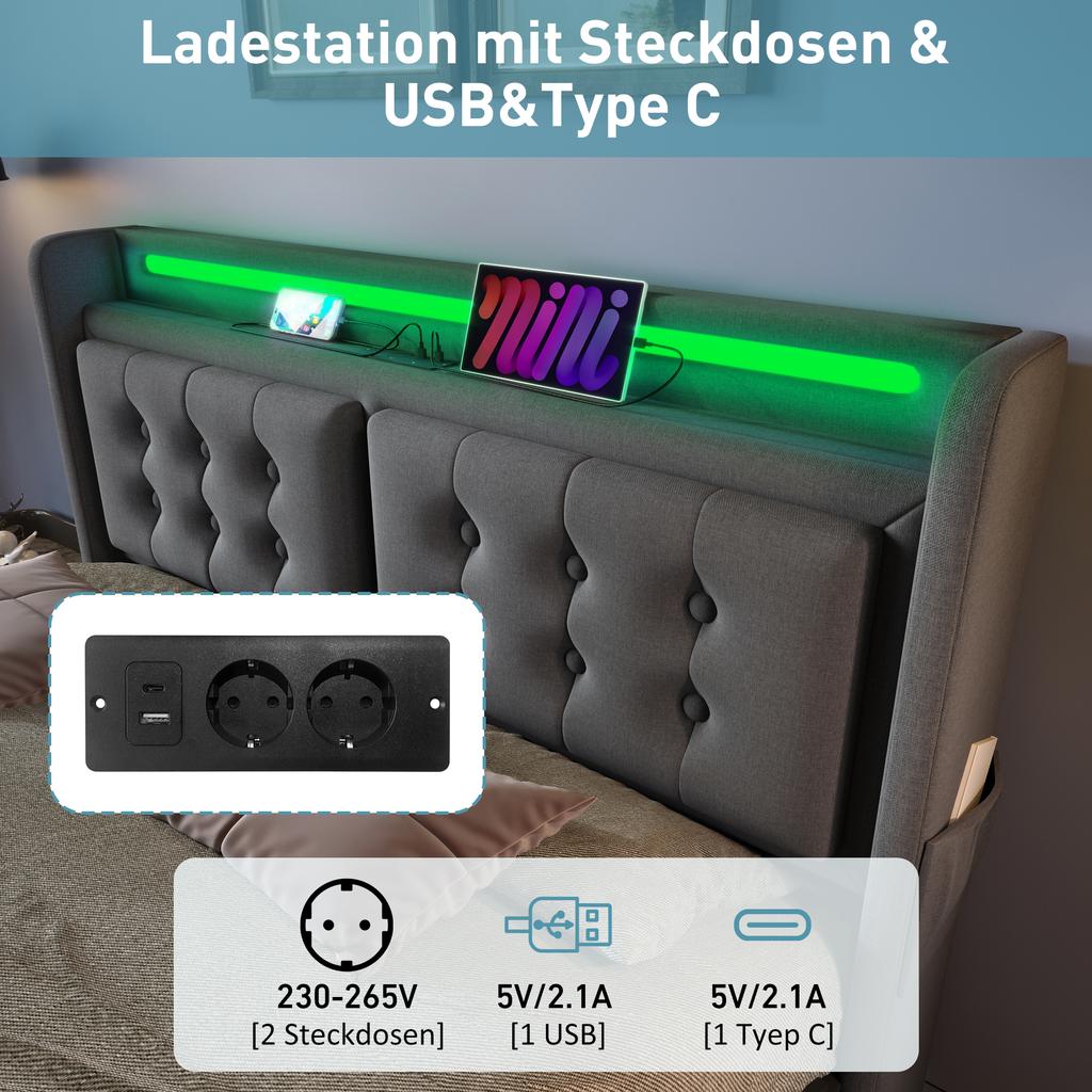 180x200 Upholstered Bed Grey, Double Bed with LED Headboard, USB-C Charging, 4 Drawers Storage, Wood Slatted Frame, 300kg, Cotton, Without Mattress