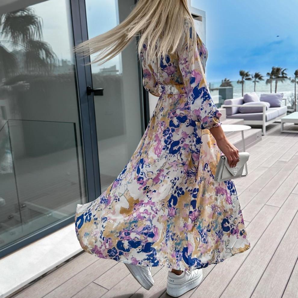 GMXIA Весна-лето Модный принт V-образный вырез длинный рукав высокая талия пояс платье