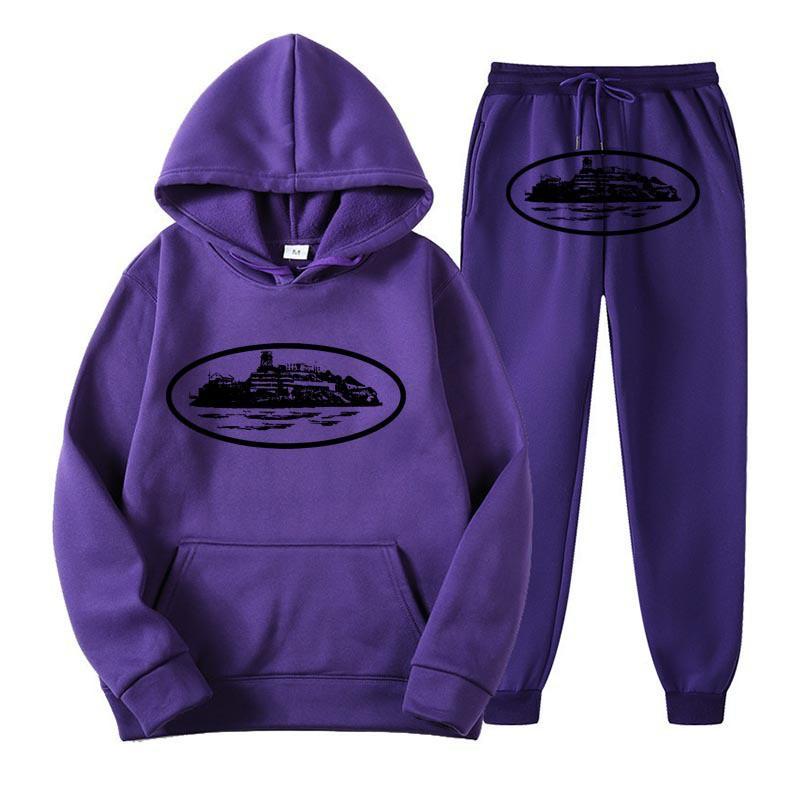 Unisex Hooded Fleece-Lined Graphic Sweatshirt Set Loose Fit Winter Casual Outfit Men Women
