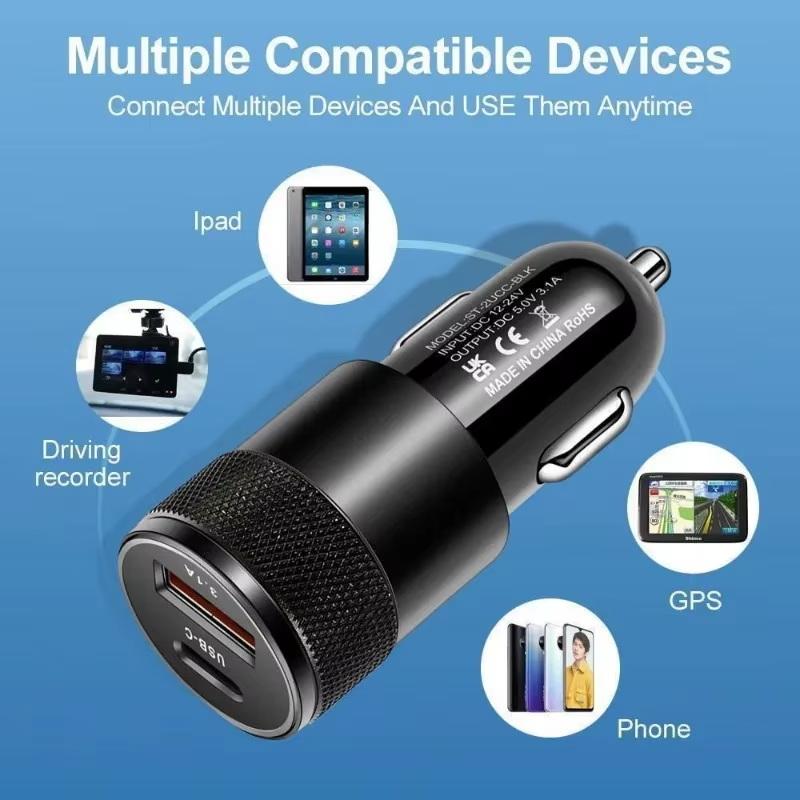 Быстрое автомобильное зарядное устройство USB C 12 Вт 3,1 А PD с двумя портами Type C, адаптер с защитой от короткого замыкания для автомобиля