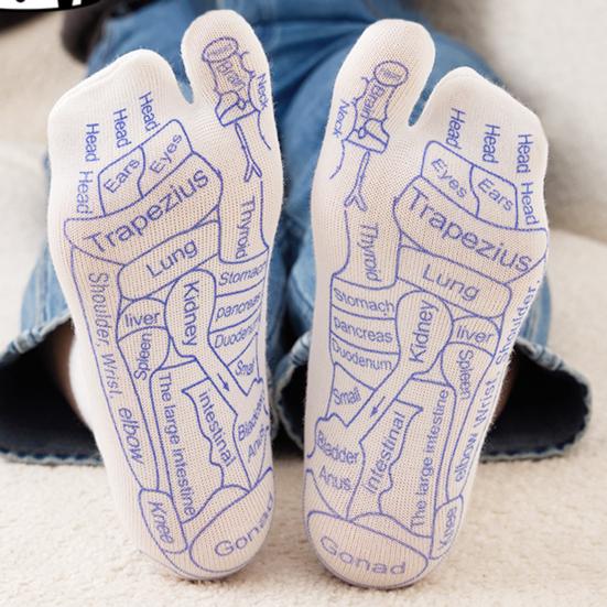 Набор носков для акупрессуры для рефлексологии стоп. Простые в использовании носки для акупрессуры с массажной палочкой. Таблица точек массажа ног. Инструменты для акупрессурного массажа.