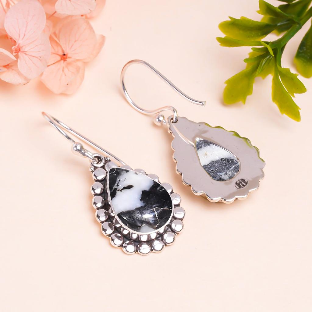 White Buffalo Turquoise - Nevada 925 Sterling Silver Earring V9592, Black & White Earring, Pear Earring, Valentin's Day Gift, Gift For Her, Birthday G