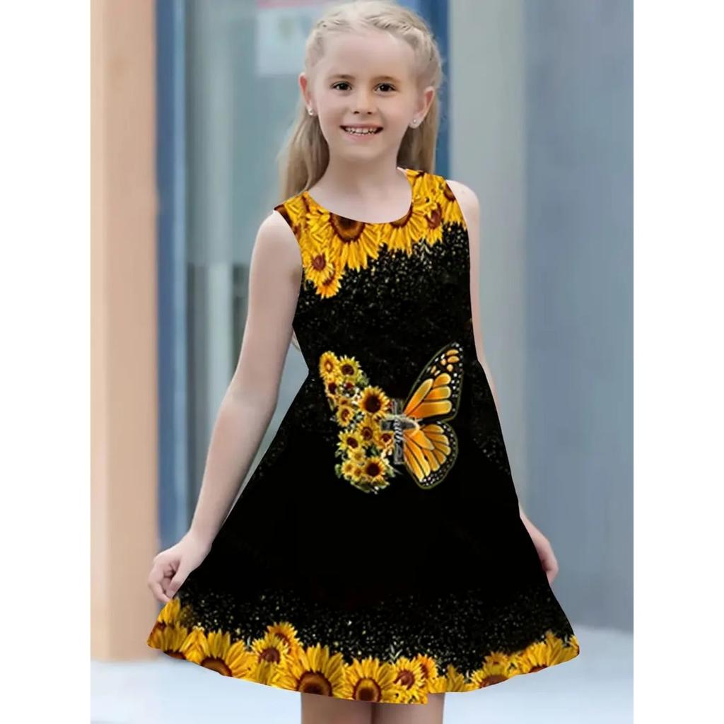 Girls Round Neck Sleeveless Vest Dress Dress Dresses Lovely Splicing Collision Colour Princess Dress 3D Digital Printing