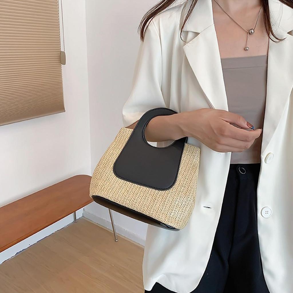 Queen-b Women's Woven Handbag, Stylish Basket Bag, Lightweight, Casual, Cute, Simple, Natural Design for Travel and Outings (Black)