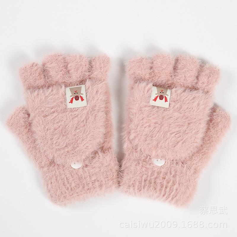Half-finger Covered Plush Gloves, Autumn and Winter Warm and Thick Imitation Mink Velvet Flip Knitted Gloves