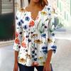 Рубашки с рукавами 3/4 лепестка для женщин, футболки, блузки, повседневные базовые топы, пуловер со складками и пуговицами с принтом