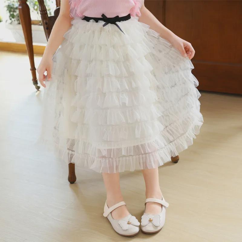 Girls' Korean Style Fairy Mesh Midi Skirt - Sweet White Tutu for Children