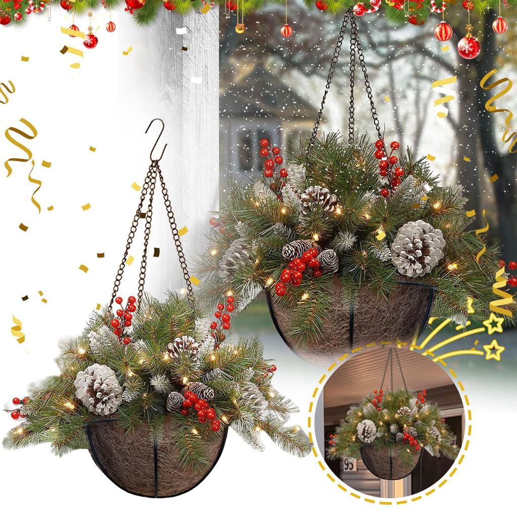 Christmas Wreath Mixed Decorations And White Led Lights Frosted Berries