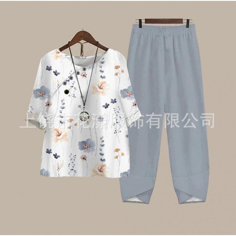 1116 new women's clothing, casual round neck five-quarter sleeve top, digital printing women's two-piece suit