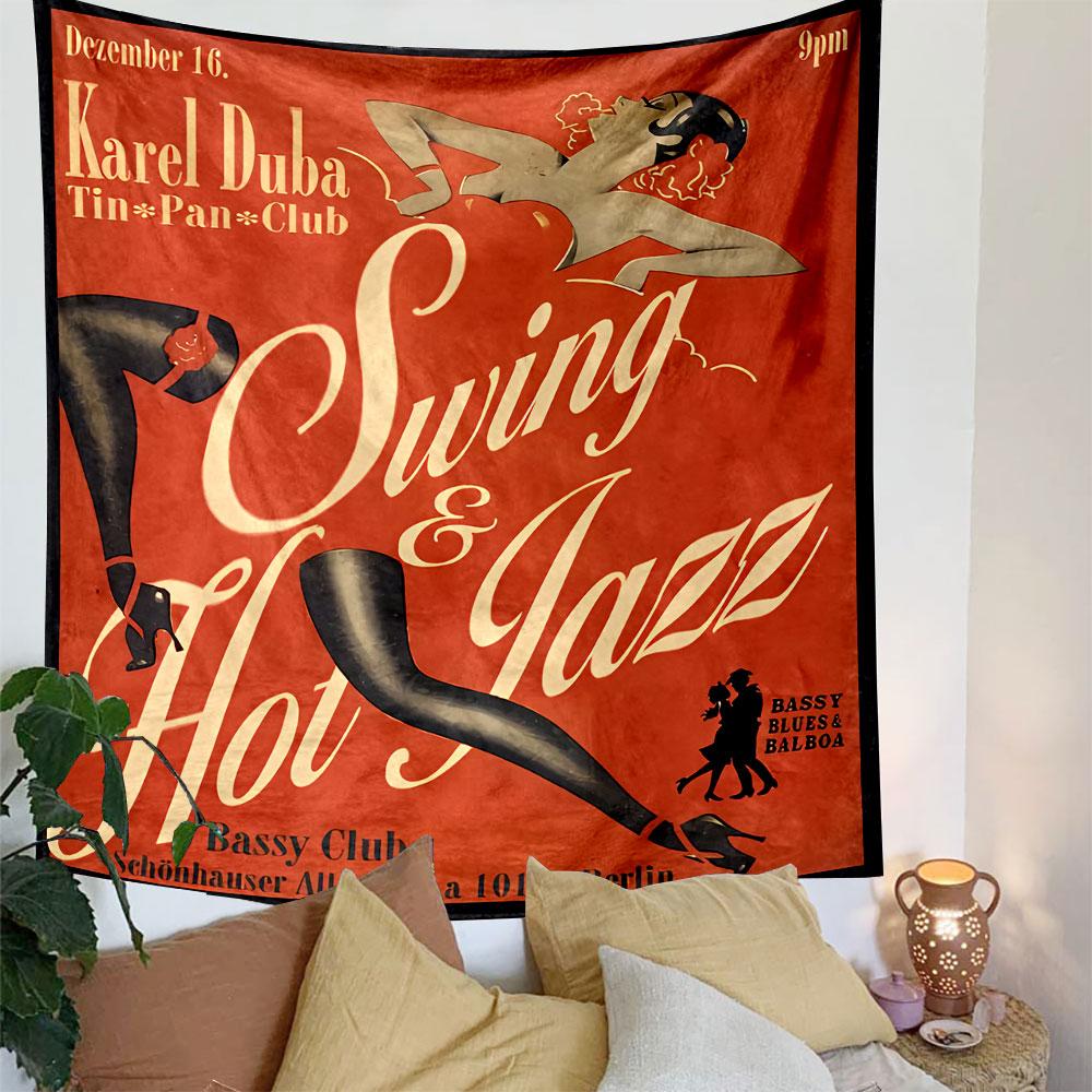 Retro jazz and swing poster with dancing figures and bold lettering. Patterned tapestry for bedroom and living room home decor