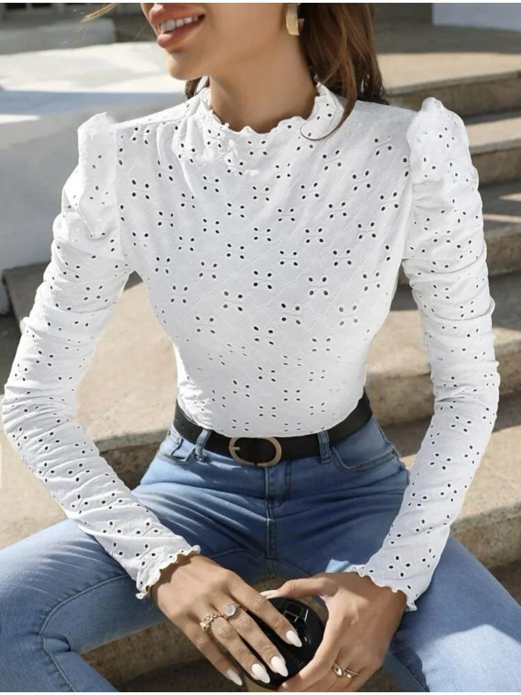 Europe and the United States Fashion Comfortable Slim Women's Eyelet Embroidery Bottoming Slim Half Turtleneck Long Sleeve T Shi