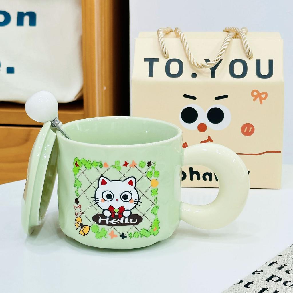Gift Box Water Cup Cat Cute Ceramic Cup Cartoon High Value Mug High Value Simple Cup with Lid Spoon