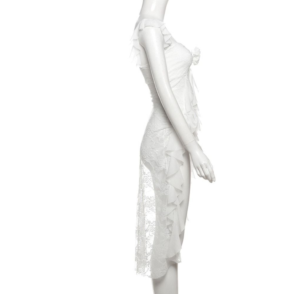 Off-shoulder Mesh Ribbon Dress Ruffled Edge Sleeveless Top Women  Streetwear