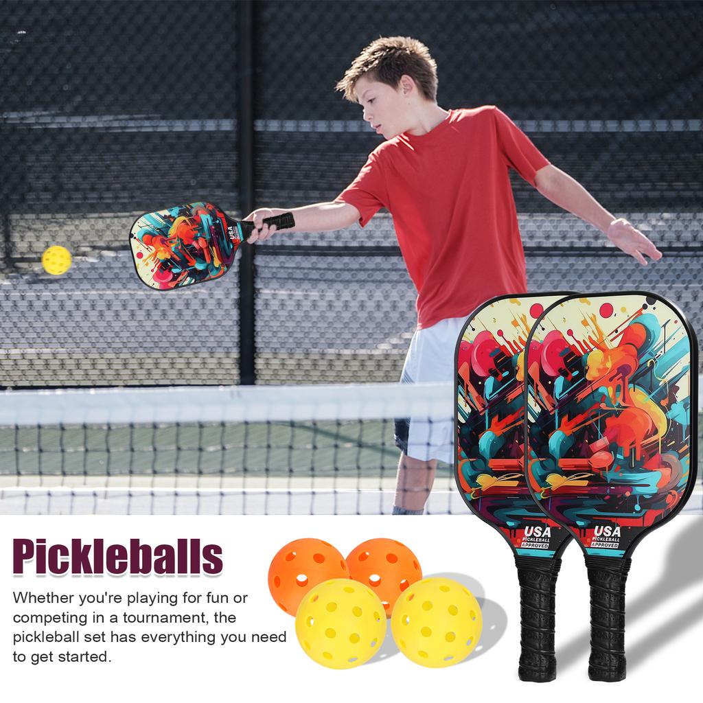 Fiberglas Pickleball Rackets Set Pickleball Paddle Set of 2 Rackets and 4 Pickleballs Balls