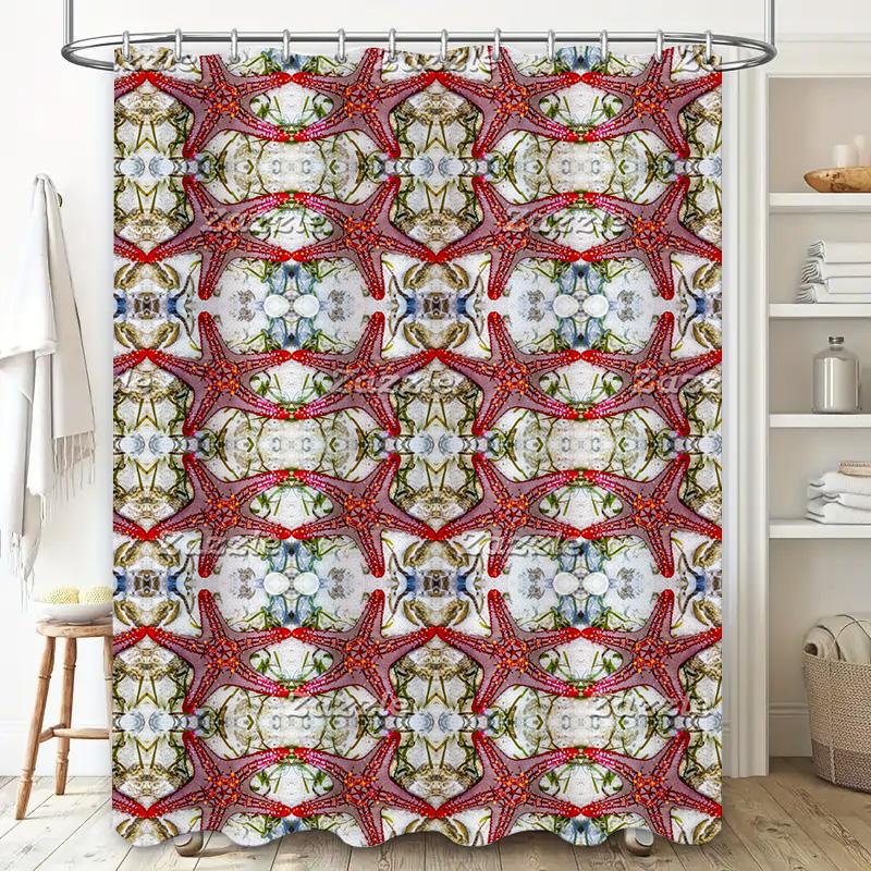 Декор для дома Шторка для душа Красный цветочный дизайн с симметричным узором для украшения ванной комнаты 3D-печать Водонепроницаемая ткань Размер: