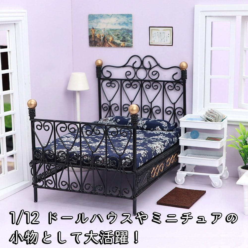 Мойн мойн миниатюрная мебель кукольный домик каркас кровати футон готический черный золото цветочный синий темно-синий цветок антикварный ретро 2311mini35 1/12 112 (с & подушкой)
