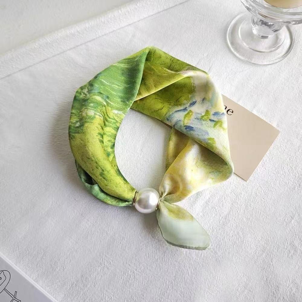 Fashion Pearl Buckle Silk Scarf Printed Soft Neck Scarf Lightweight Thin Neckerchief Women