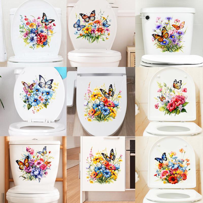 Butterflies Surround Flowers Toilet Sticker Home Decoration Toilet Lid Wc Universal Waterproof Decals Bathroom Accessories