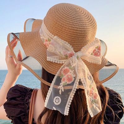 Шляпа от солнца с цветочной лентой для женщин, пляжный отдых, милая кружевная шляпа от солнца, летняя соломенная шляпа с большими полями