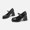 High Heels Women's Retro Black College Style One-word Buckle Square Head Thick Sole Thick Heel Small Leather Shoes Mary Jane Single Shoes