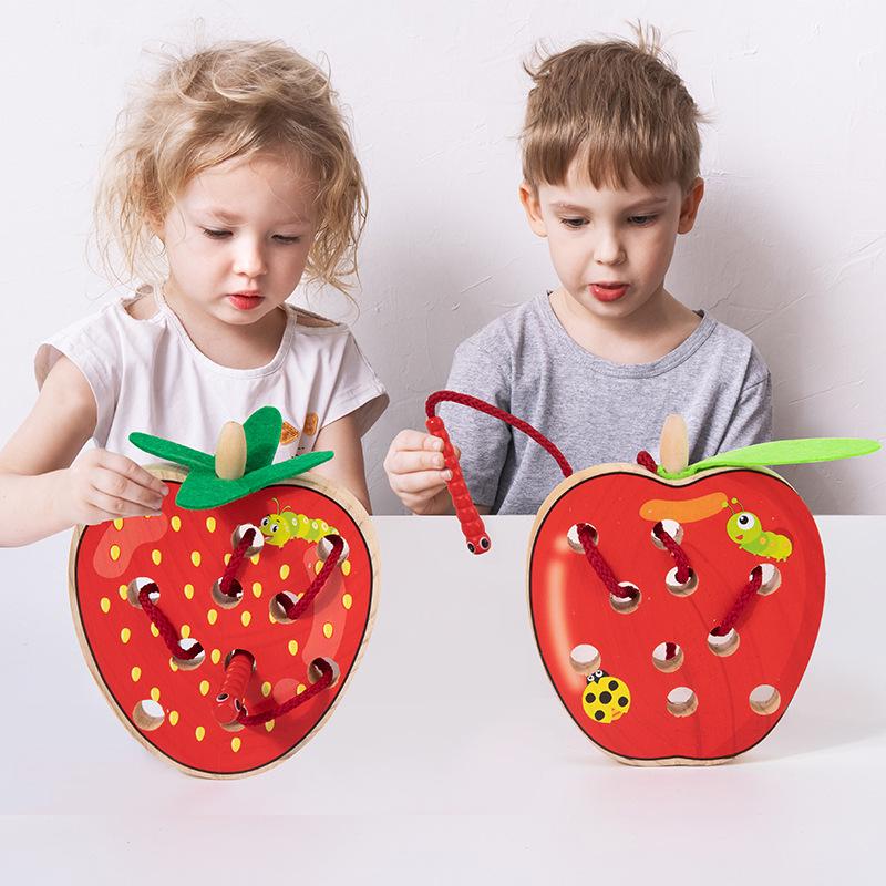 Деревянная игра-шнуровка «Фрукты»: Пазл Монтессори «Червячок и яблоко» для детей