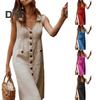 Summer Women Lapel V Neck Shirt Dress Sleeveless Single Breasted Pockets Solid Color Midi Dress Streetwear