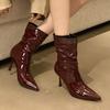 Fashion Pleated Patent Leather Ankle Boots for Women Sexy Pointed Toe Stiletto Heel Ladies Boots Fashion Wine Red High Heels Dress Shoes