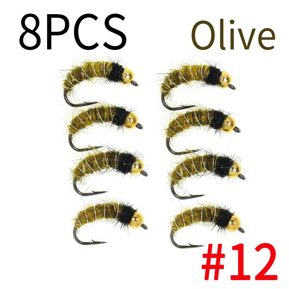 6/8 шт. 2 размеров Нимфа личинки ручейника с головкой из бусинки Реалистичный жук-бокоплав Червь для ловли форели и хариуса (Крючок с бородкой, Быстро тонущий)