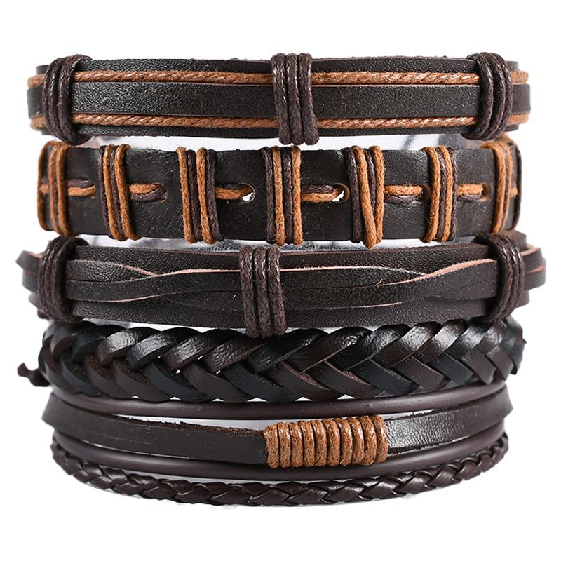 Retro Men's 5-Piece Adjustable Cross-Woven Leather Bracelet Set - National Style