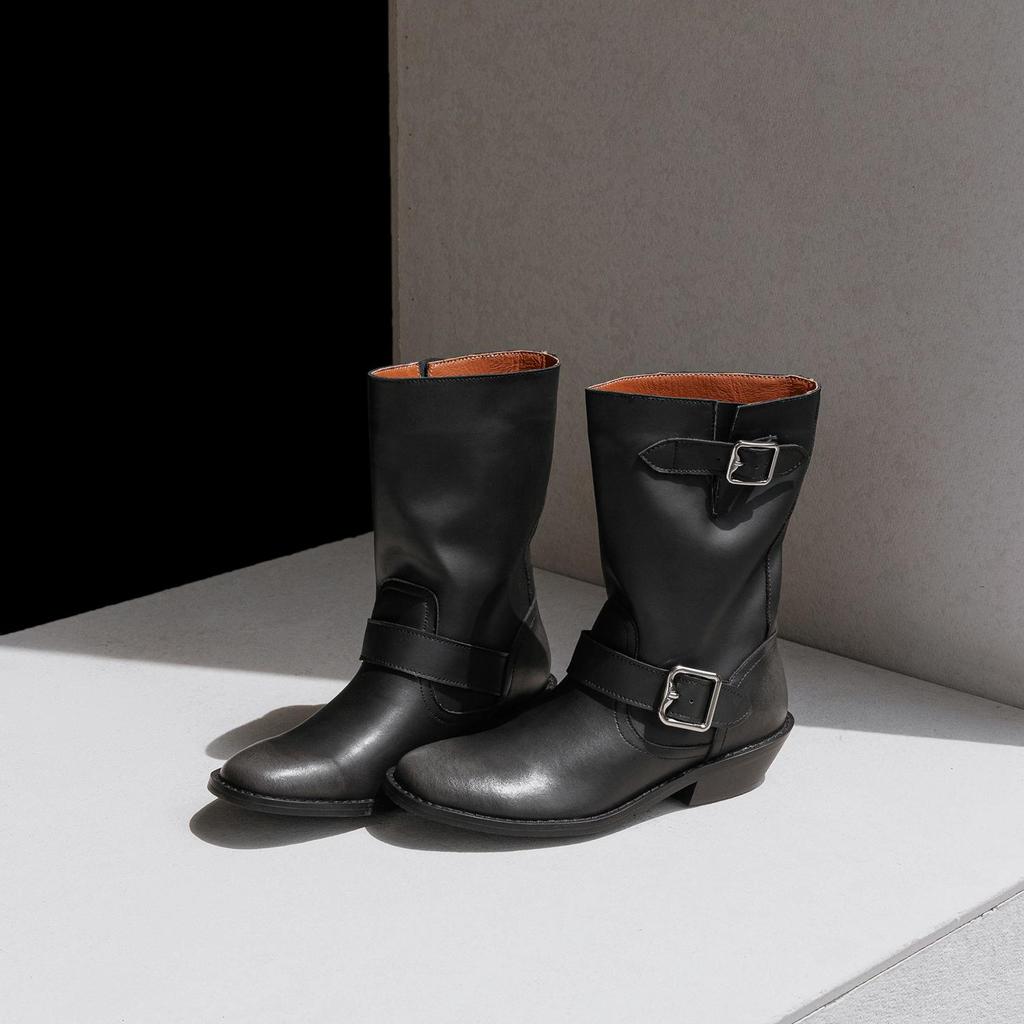 Krazing Pot Осенне-зимняя обувь из коровьей замши и нубука, модные ботинки с круглым носком, сохраняющие тепло, на среднем каблуке, с пряжкой на ремне, с отделкой до середины голени