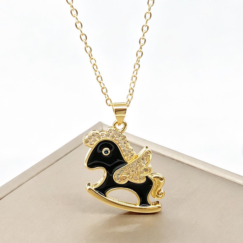 Gold Plated Cute Enamel Rocking Horse Pendant Necklace Zircon Winged Unicorn Necklace For Women Kids Party Birthday Jewelry Gift