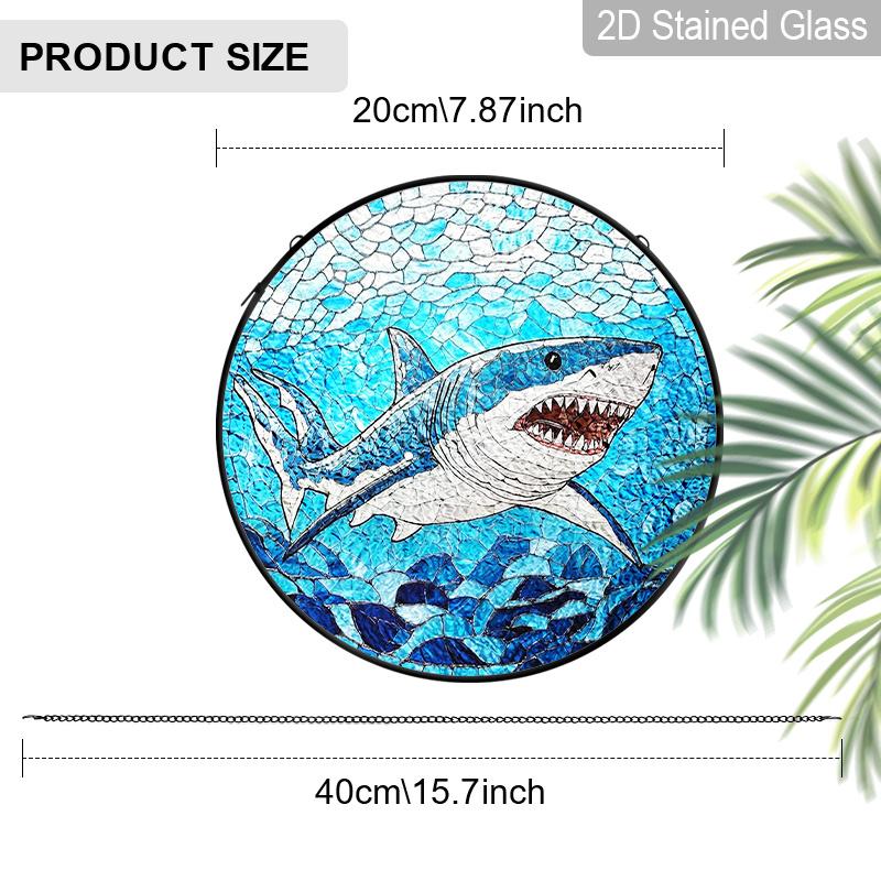 2D Flat Stained Glass Ocean themed shark Window Decoration, 7.87inches blue Colored Glass Plate with Chain, Charming summer Sun Catcher Home Decor