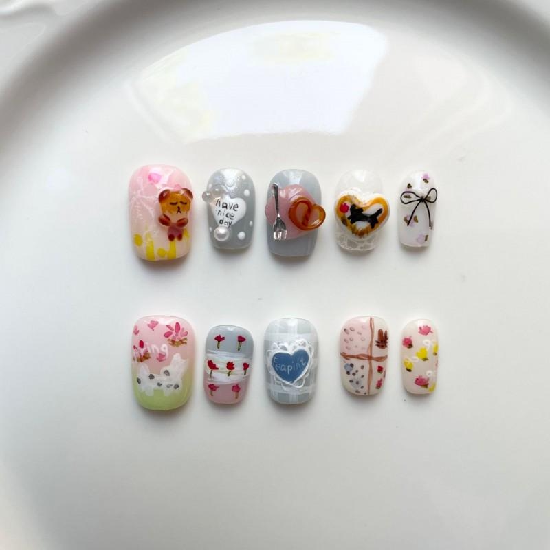 Hand-Painted Press-On Nails Short Square Cat Eye Design Cute Kawaii Style Wearable Nail Tips Women Teens