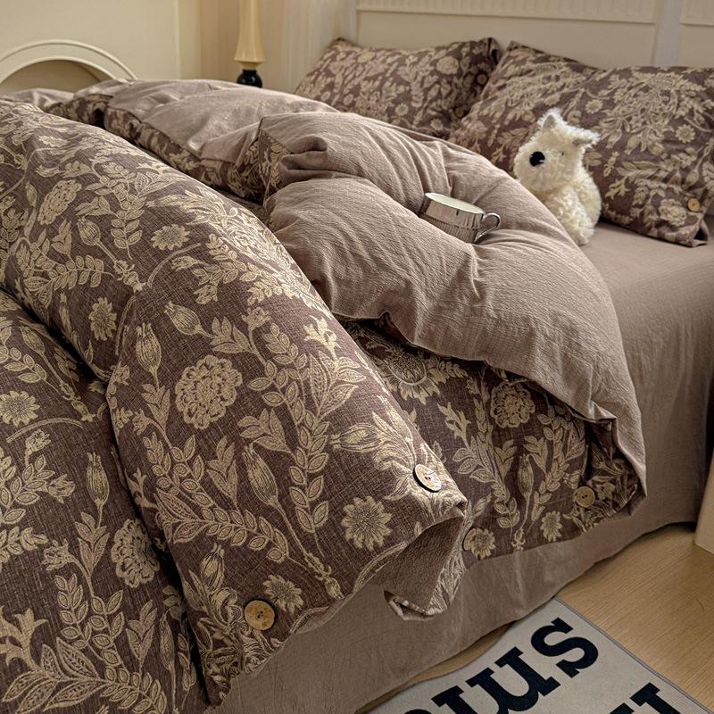 Комплект постельного белья из чистого хлопка с винтажным цветочным принтом, 4 предмета, на пуговицах, простыня из 100% хлопка, простыня на резинке, пододеяльник, постельное белье класса А